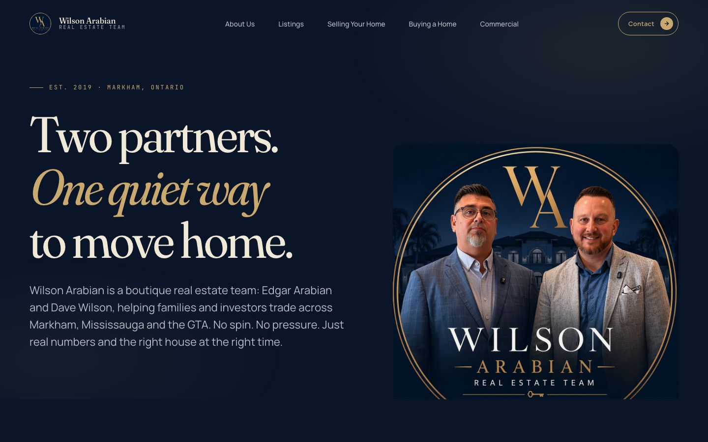 Wilson Arabian Realty homepage hero showcasing two GTA agents and luxury listings